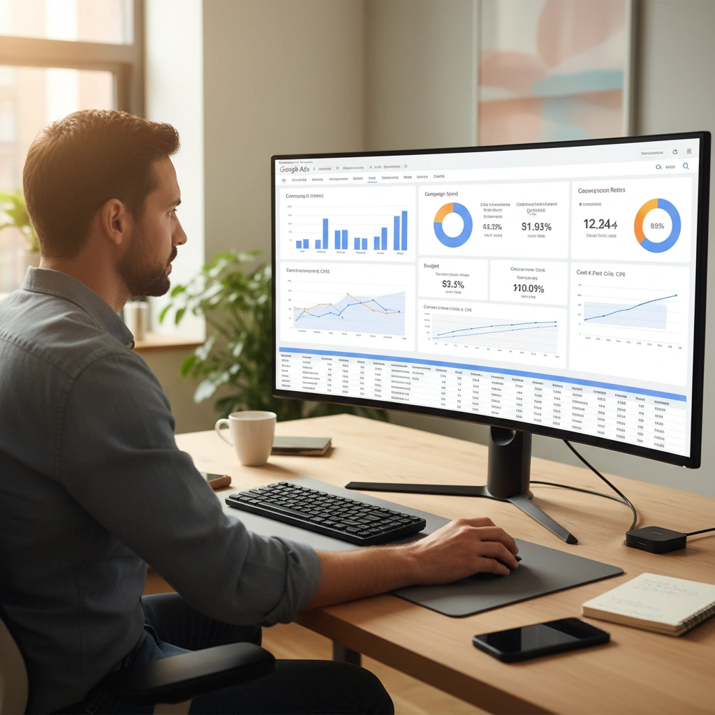 Marketer reviewing PPC account dashboards on a widescreen monitor