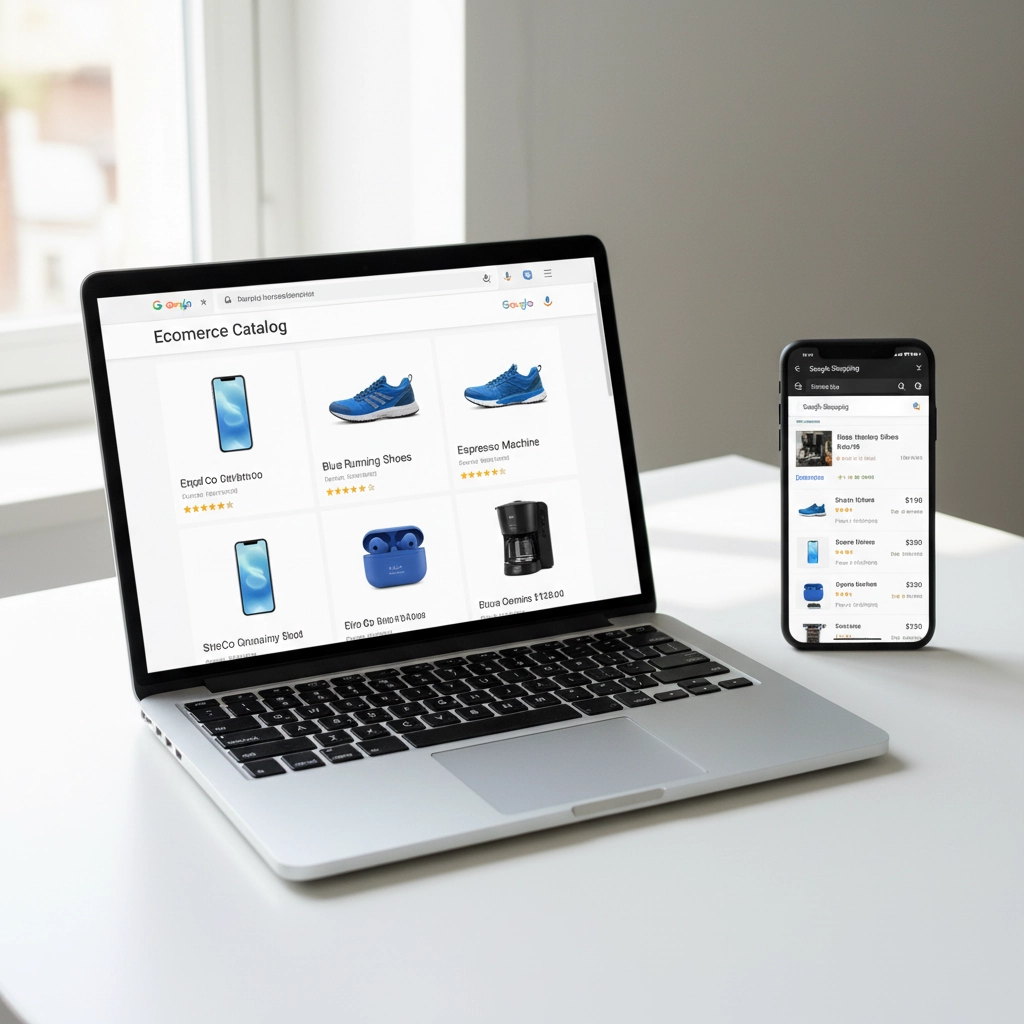 Laptop showing an ecommerce product catalog for Google Shopping